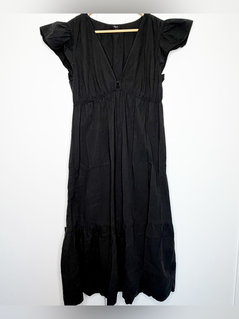 Rails Tina Midi Dress Large black cotton poplin short flutter sleeve cutout - Picture 4 of 12